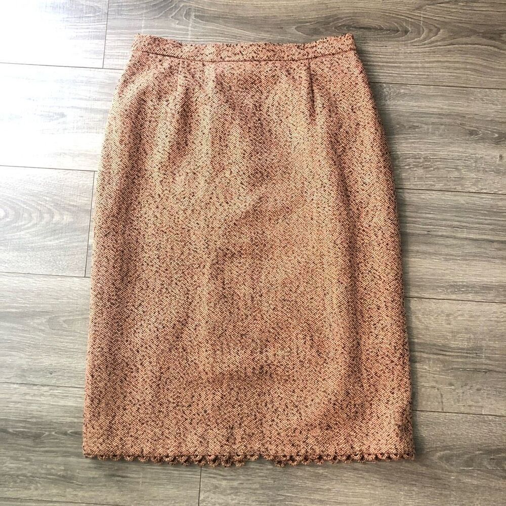 vintage wool blend tweed pencil skirt back slit brown size 14 lined fall